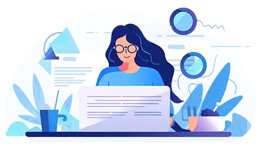 Illustration of a woman with glasses working on a computer, surrounded by icons and documents